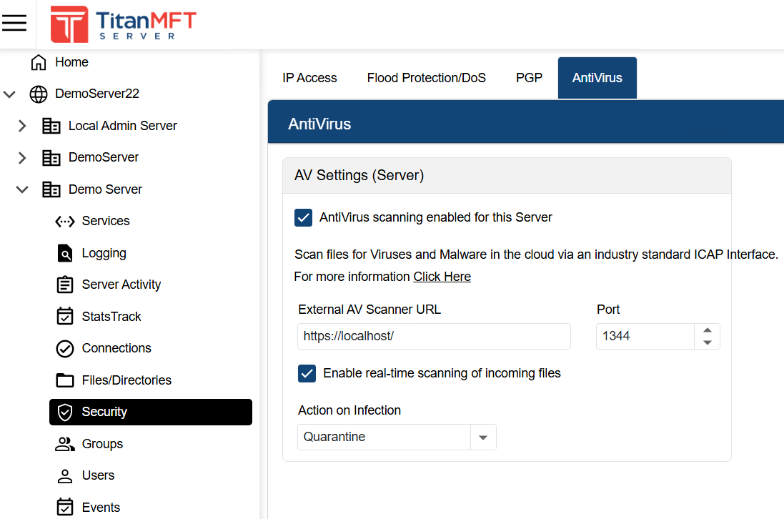 Screenshot of Titan MFT Server showing navigation to the Security menu, then to AntiVirus tab, to enable and configure the AV Settings.